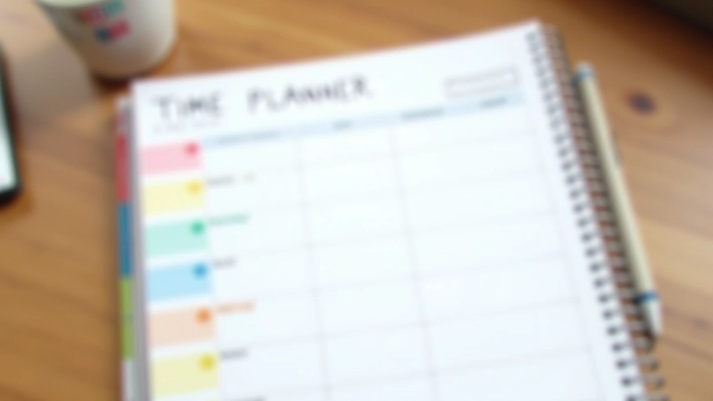 Gekleurde agenda met duidelijke time blocks en labels op houten tafel