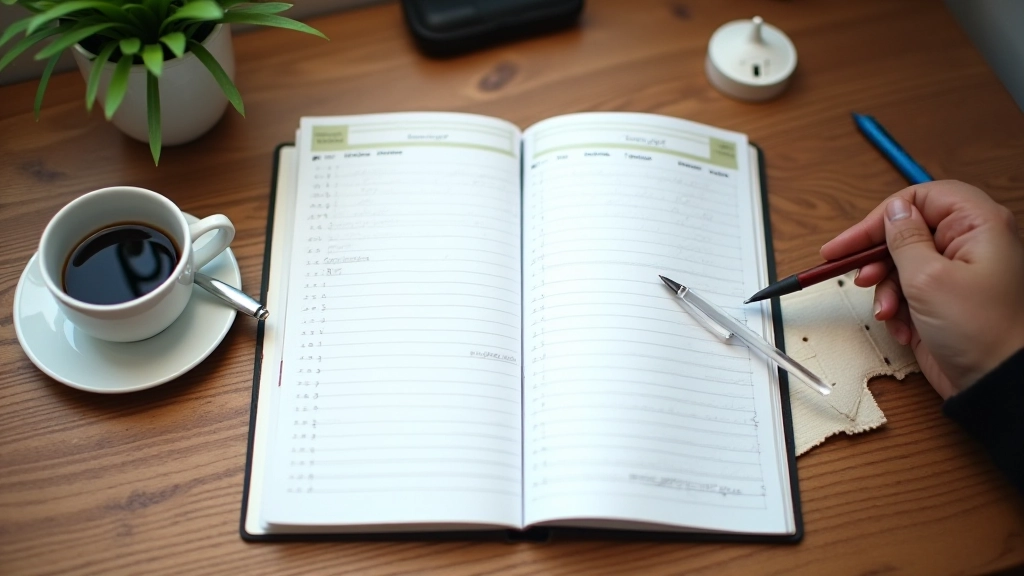 Dagplanner met notities en kopje koffie op houten bureau, ochtendlicht