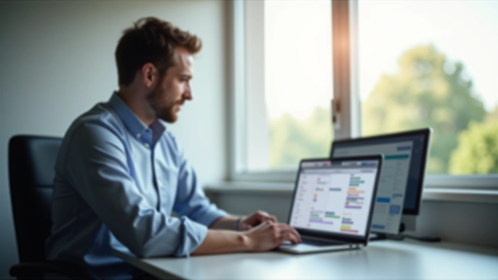 Persoon analyseert agenda op laptop in rustig kantoor